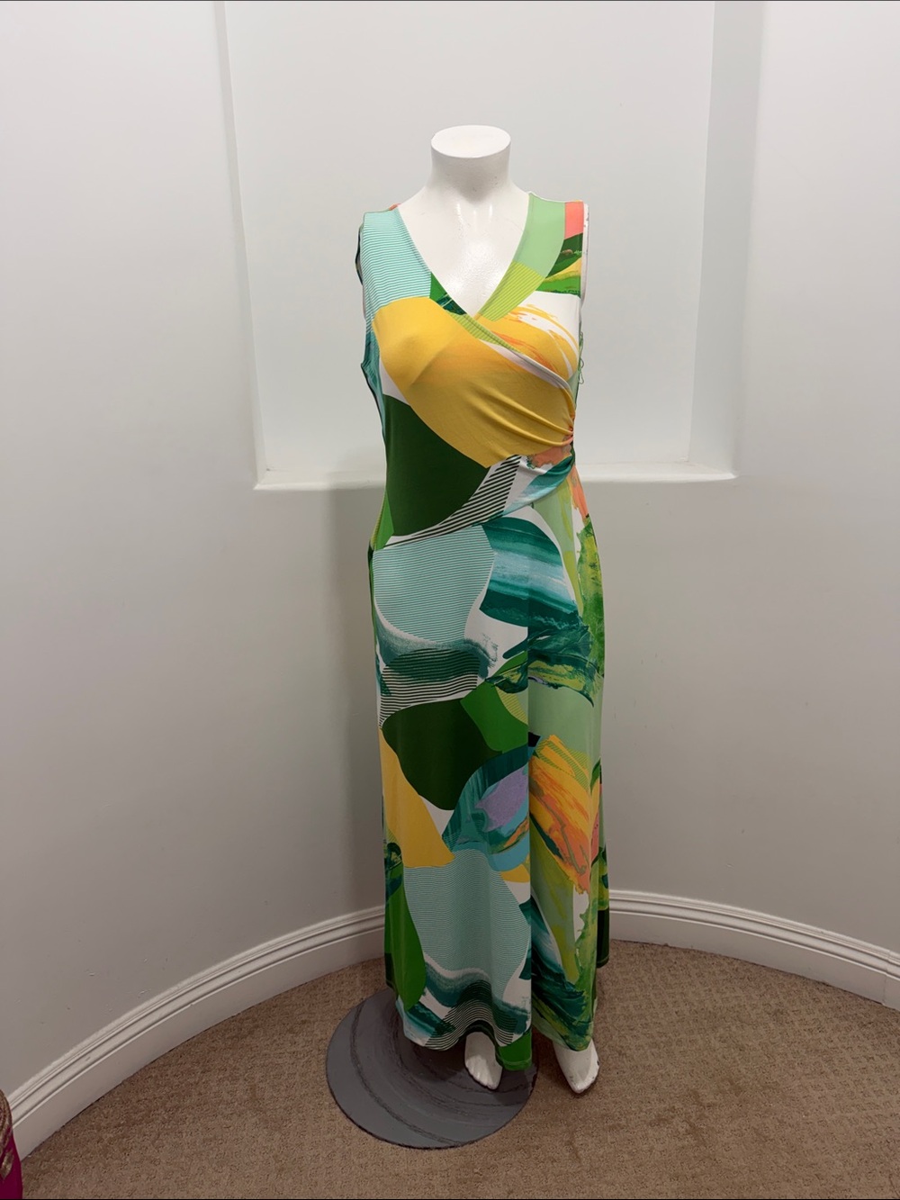 London Times Shirred Sleeveless Green & Yellow Abstract Print Maxi Dress Size 14